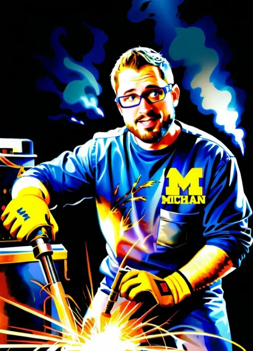 Prompt: (welding man), dressed in a protective welding outfit, (detailed helmet), holding a TIG welding stick, dynamic sparks flying around, vibrant lighting effects capturing the glow of the welding process, cluttered welding shop background, engaging atmosphere, (ultra-detailed) and realistic, emphasizing the skill and precision of welding. Make him wearing a University of Michigan shirt and with a welding visor on his forehead.