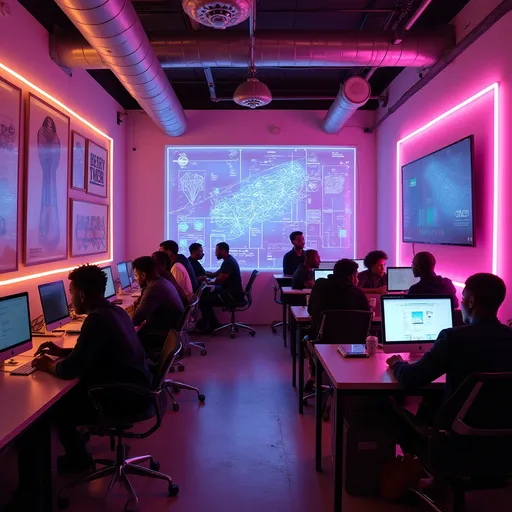 Prompt: "A neon-lit co-working space in Lagos, where young African entrepreneurs brainstorm over digital blueprints, surrounded by sleek Mubansir-branded merchandise and sustainable product prototypes. Cyberpunk-meets-eco vibe."
