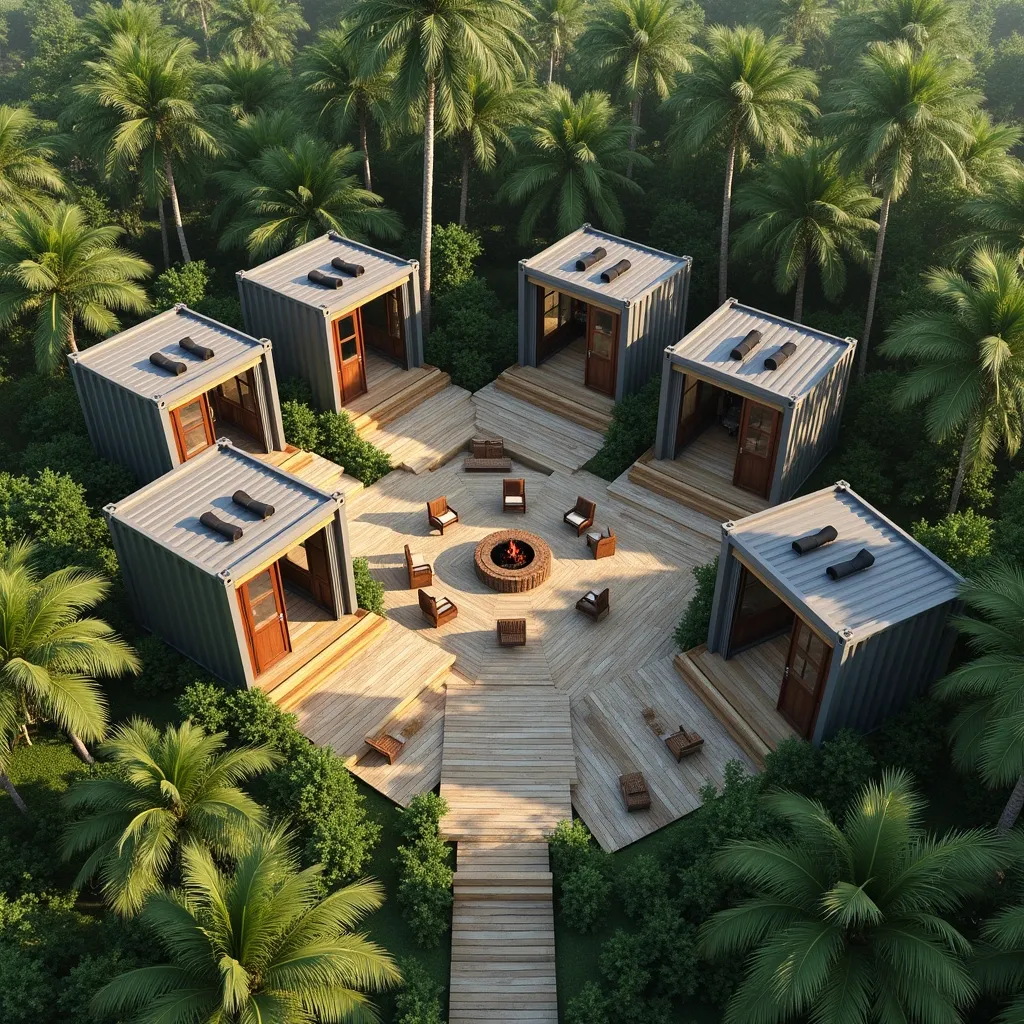 Prompt: "A tropical forest resort with four modern shipping container villas, each made of two stacked containers. Central fire pit with circular seating, wooden deck pathways, lush palm trees and ferns, outdoor lounge under a pergola, and rooftop decks with lounge chairs. Sunny daylight, aerial perspective, hyper-realistic 3D render style, architectural visualization."