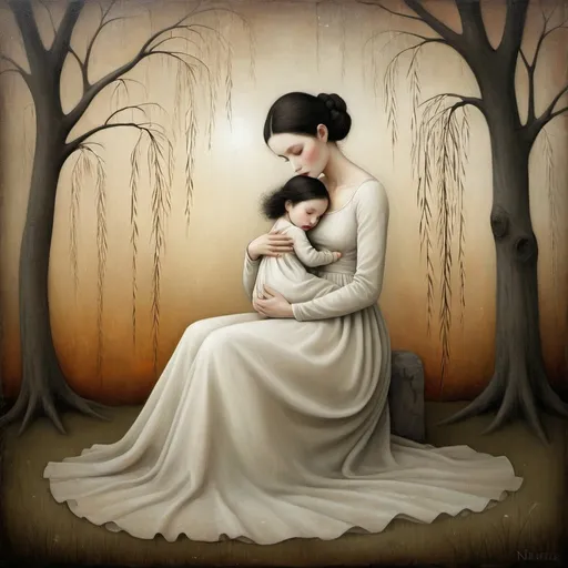 Prompt: In the style of Catrin Welz-Stein, Nicoletta Ceccoli, In style of christian Schloe, Catrin Welz-Stein, Oil on cracked canvas, full figure, surreal painting, soft blurred colors, dreamlike atmosphere, metaphysical. Young women, black hair, big brown eyes, enigmatic look, white dress,  holds tight and kisses her baby, Background a large weeping willow tree on a hill. Warm colors of the sunset.