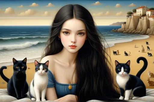 Prompt: Young European woman with long black hair, sweet light brown eyes, sitting on the beach with Cats long necks and people dancing in the distance. Patchwork style, by klimt, nicoletta ceccoli, naoto hattori, Lawrence Didier, leonora carrington, detailed beautiful eyes and face, extremely detailed, realistic, photorealistic, 8k, masterpiece, vivid colors, dramatic lighting, surreal, fantastical, whimsical, magical realism Wide-Angle, optical illusion.