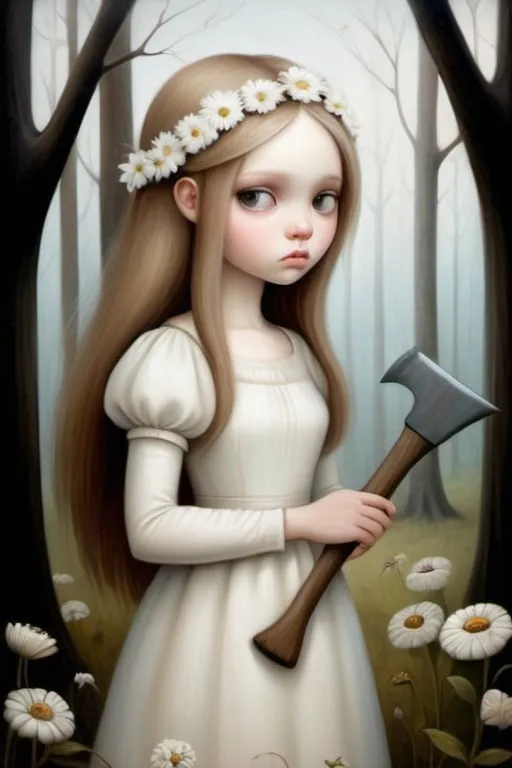 Prompt: Oil on chapped canvas image, soft colorst, melancholy atmsphere. in the style of Nicoletta Ceccoli. 
Young woman, dark blond hairs, large, heavenly eyes, enigmatic gaze, white dress. She holds a axe in her hands.  in a woodland with branches and strange flowers. Profile view,  not in the foreground. Landscape with optical effect and strange animals
