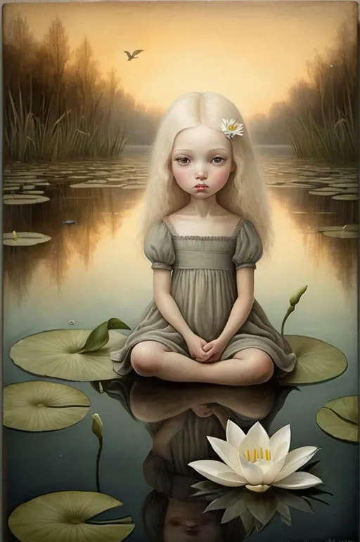 Prompt: Oil image on cracked canvas, muted colors, melancholy atmosphere. In the style of Nicoletta Ceccoli, Anastazja Markowicz, Catrin Welz-Stein, Dee Nickerson, Kathleen Lolley. Young woman, with big soft eyes, ash-blond hair, holds tight and kisses baby, sitting on a lily pad, floating along with other blooms in a lake with shores full of calla lilies, dandelion flowers, Orchid.  The warm colors of the sunset are reflected in the water. landscape with optical effect, detailed realization, high quality definition, expressive faces, sharp eyes, surrealism, ambitious aestheticism, variegated, iconoclastic and numerous elements.
