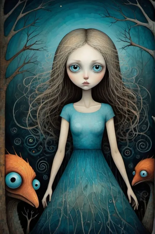 Prompt: weird monstrous animals, by Andy Kehoe and Tim Burton. Young woman, dark blond hairs, large, heavenly eyes, enigmatic gaze, light blue dress. Vibrant modern fairytale scene of spiraling esthetic beauty, abstract art, complementary colors, fine details. sharp, focused, vibrant, colorful, clear image