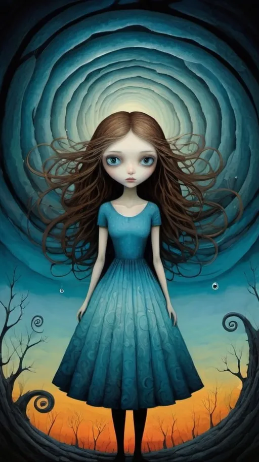 Prompt: kills the monster.  by Andy Kehoe and Tim Burton.Young woman, dark blond hairs, large, heavenly eyes, enigmatic gaze, light blue dress. Vibrant modern fairytale scene of spiraling esthetic beauty, abstract art, complementary colors, fine details. sharp, focused, vibrant, colorful, clear image