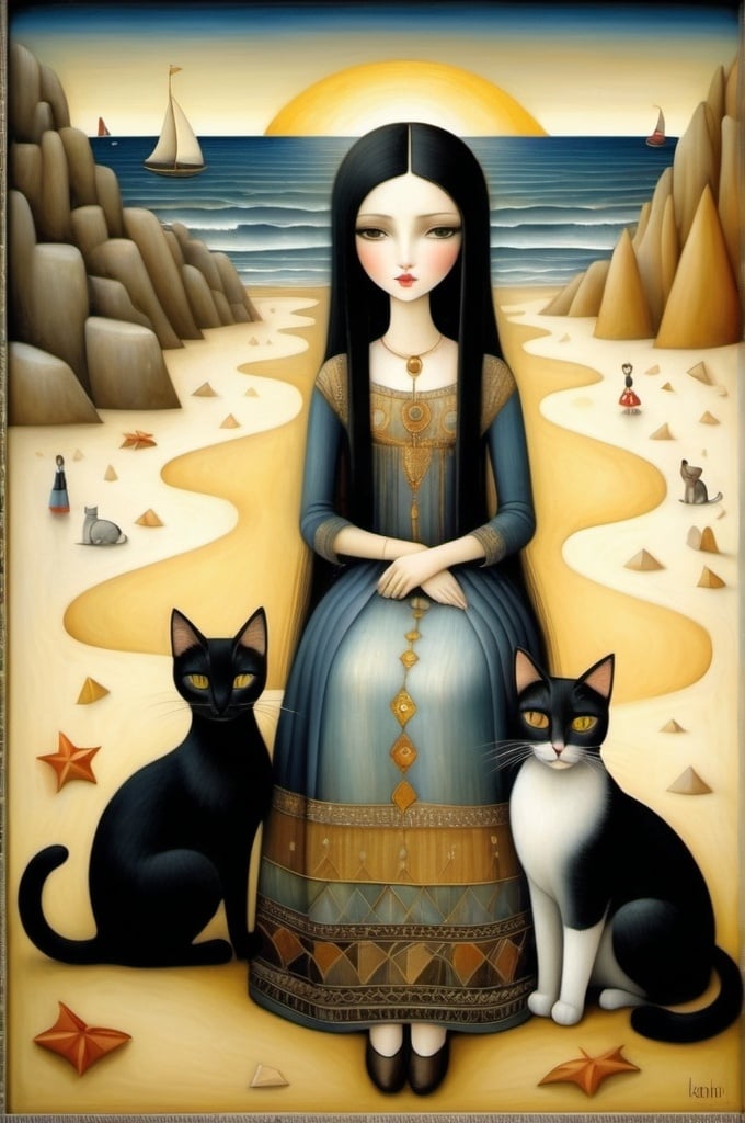 Prompt: Patchwork by Klimt, Nicoletta Ceccoli, Naoto Hattori, Didier Lourenço, Leonora Carrington, of Young European woman with long black hair, sweet light brown eyes, sitting on the beach with Cats long necks and people dancing in the distance, Art Deco, Wide-Angle, optical illusion