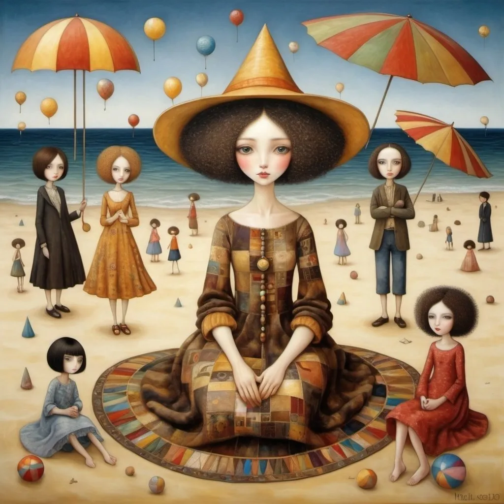 Prompt: Patchwork by Klimt, Nicoletta Ceccoli, Naoto Hattori, Didier Lourenço, Leonora Carrington of Young European woman, sitting on beach with people dancing, sunshades