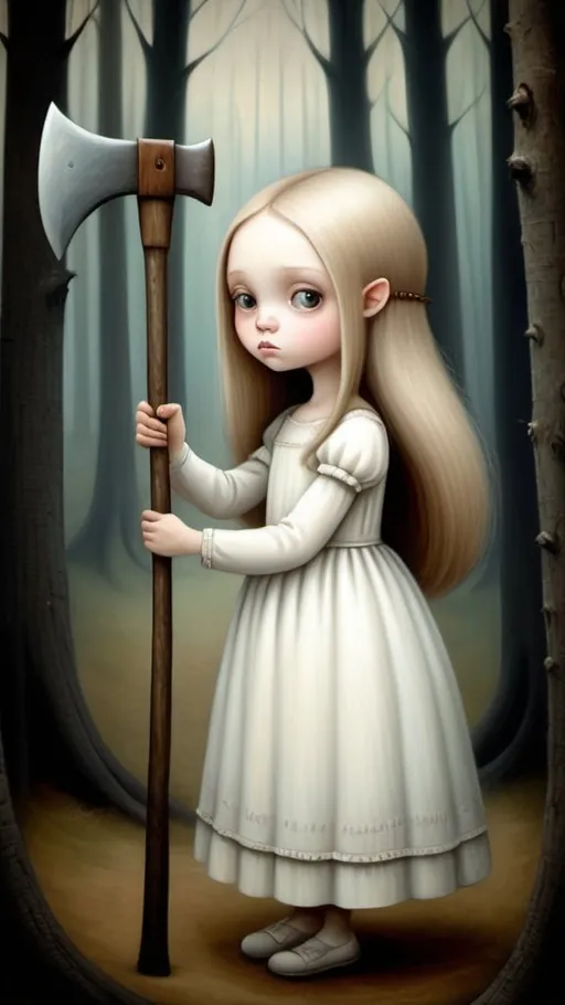 Prompt: Oil on chapped canvas image, soft colorst, melancholy atmsphere. in the style of  Nicoletta Ceccoli. 
Young woman, dark blond hairs, large, heavenly eyes, enigmatic gaze, white dress. She holds a axe in her hands.  in a forest, profile view, monsters, landscape with optical effect