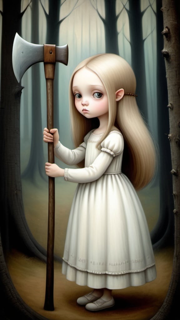 Prompt: Oil on chapped canvas image, soft colorst, melancholy atmsphere. in the style of  Nicoletta Ceccoli. 
Young woman, dark blond hairs, large, heavenly eyes, enigmatic gaze, white dress. She holds a axe in her hands.  in a forest, profile view, monsters, landscape with optical effect