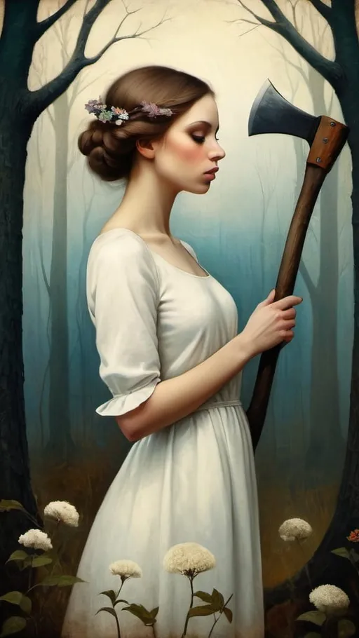 Prompt: Oil on chapped canvas image, soft colorst, melancholy atmsphere. in the style of christian Schloe. 
Young woman, dark blond hairs, large, heavenly eyes, enigmatic gaze, white dress. She holds a axe in her hands.  in a woodland with branches and strange flowers. Profile view, strange animals, landscape with optical effect
