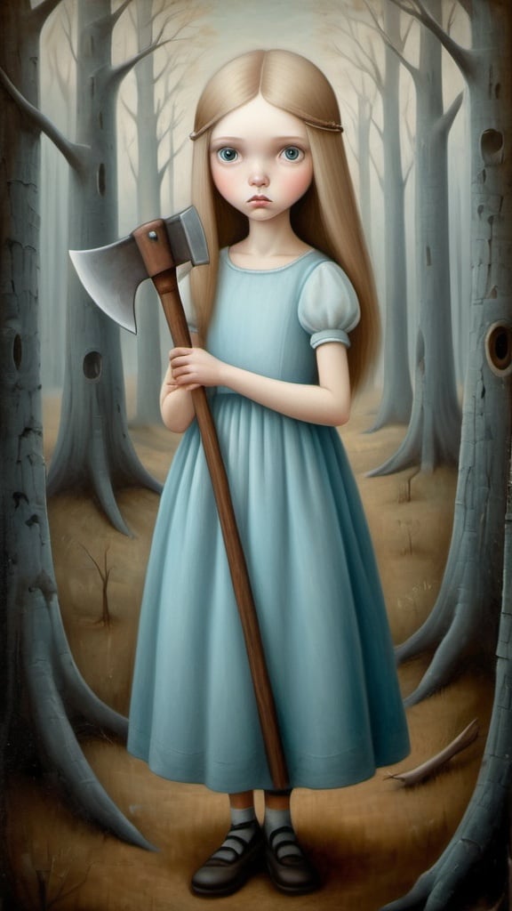 Prompt: Oil on chapped canvas image, soft colorst, melancholy atmsphere. in the style of  Nicoletta Ceccoli. 
Young woman, dark blond hairs, large, heavenly eyes, enigmatic gaze, light blue dress. She holds a axe in her hands.  in a forest, profile view, not in the foreground,. landscape with optical effect, detailed realization, definition high quality, expressive faces, sharp eyes, style trompe d'oeil, surrealism, ambitious aestheticism, varied elements, iconoclast and numerous
