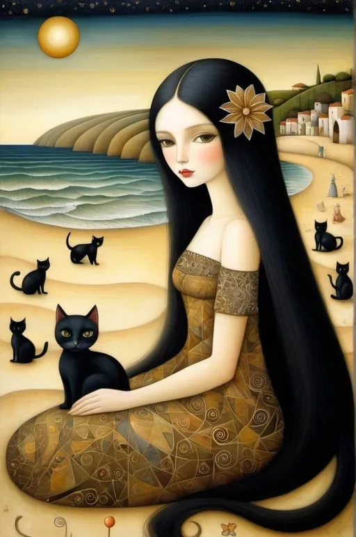 Prompt: Patchwork by Klimt, Nicoletta Ceccoli, Naoto Hattori, Didier Lourenço, Leonora Carrington, of Young European woman with long black hair, sweet light brown eyes, sitting on the beach with Cats long necks and people dancing in the distance, Art Deco, Wide-Angle, optical illusion