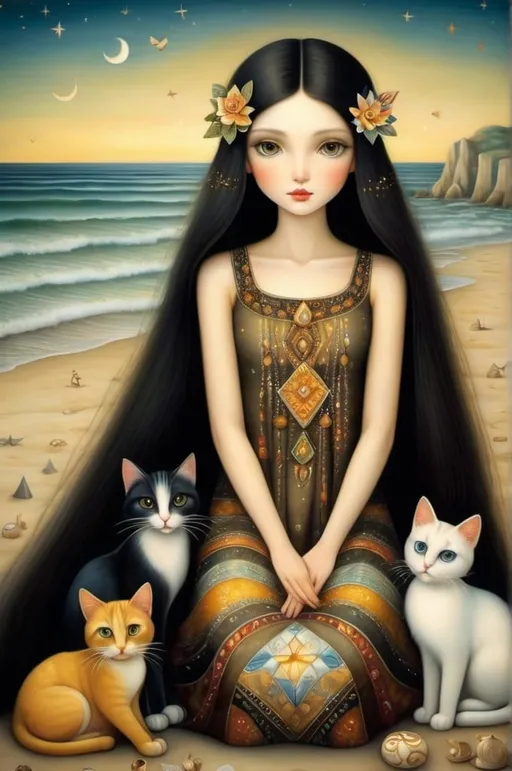 Prompt: Patchwork style, by klimt, nicoletta ceccoli, naoto hattori, Lawrence Didier, leonora carrington. Young European woman with long black hair, sweet light brown eyes, sitting on the beach with Cats long necks and people dancing in the distance.  detailed beautiful eyes and face, extremely detailed, realistic, photorealistic, 8k, masterpiece, vivid colors, dramatic lighting, surreal, fantastical, whimsical, magical realism Wide-Angle, optical illusion.