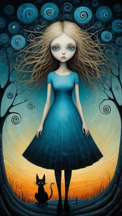 Prompt: kills the monster.  by Andy Kehoe and Tim Burton.Young woman, dark blond hairs, large, heavenly eyes, enigmatic gaze, light blue dress. Vibrant modern fairytale scene of spiraling esthetic beauty, abstract art, complementary colors, fine details. sharp, focused, vibrant, colorful, clear image