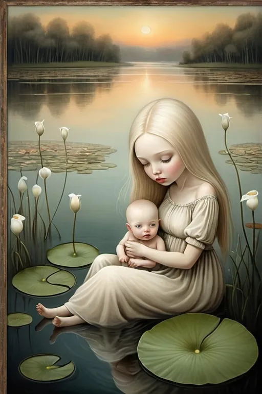 Prompt: Oil image on cracked canvas, muted colors, melancholy atmosphere. In the style of Nicoletta Ceccoli, Anastazja Markowicz, Catrin Welz-Stein, Dee Nickerson, Kathleen Lolley. Young mom, with big soft eyes, ash-blond hair, holds tight and kisses her baby, sitting on a lily pad, floating along with other in a lake with shores full of calla lilies, dandelion flowers, Orchid.  The warm colors of the sunset are reflected in the water. landscape with optical effect, detailed realization, high quality definition, expressive faces, sharp eyes, surrealism, ambitious aestheticism, variegated, iconoclastic and numerous elements.
