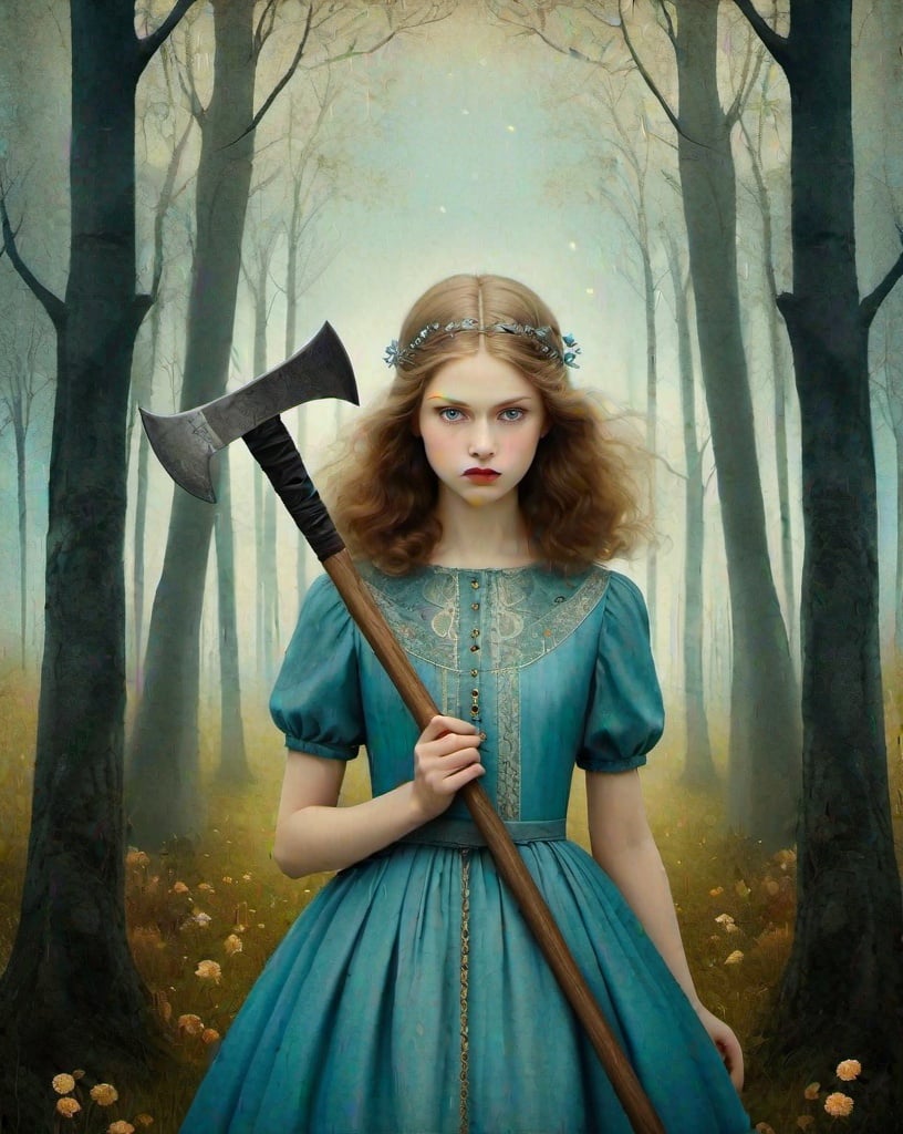 Prompt: Style by Anastazja Markowicz, Catrin Welz-Stein, Dee Nickerson, Kathleen Lolley: Young woman, dark blond hairs, large, heavenly eyes, enigmatic gaze, light blue dress. She holds a axe in her hands. whimsical, Vivid colors, beautiful, dreamy. 