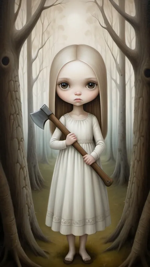 Prompt: Oil on chapped canvas image, soft colorst, melancholy atmsphere. in the style of  Nicoletta Ceccoli. 
Young woman, dark blond hairs, large, heavenly eyes, enigmatic gaze, white dress. She holds a axe in her hands.  in a forest, profile view, strange animals, landscape with optical effect