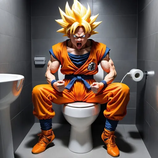 Prompt: Hyper realistic goku going super sayian to impress adolf himler but skibidi toilet phantum taxes him
