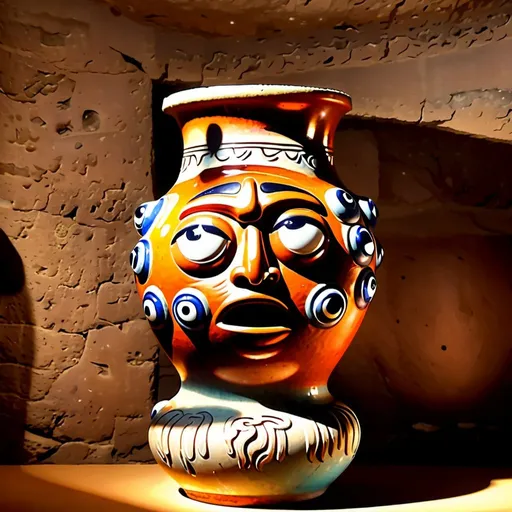 Prompt: ancient vase with cartoon face on it multiple eye balls