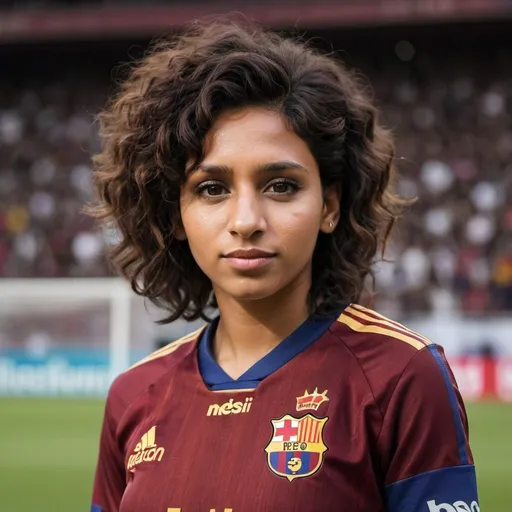 Prompt: Brown skinned girl, short curly hair, black hair, dark brown eyes, wearing Messi jersey