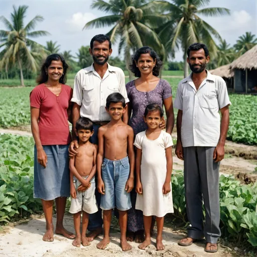 Prompt: Maldivian farmer family in 1990s pose for a photo in their local farm