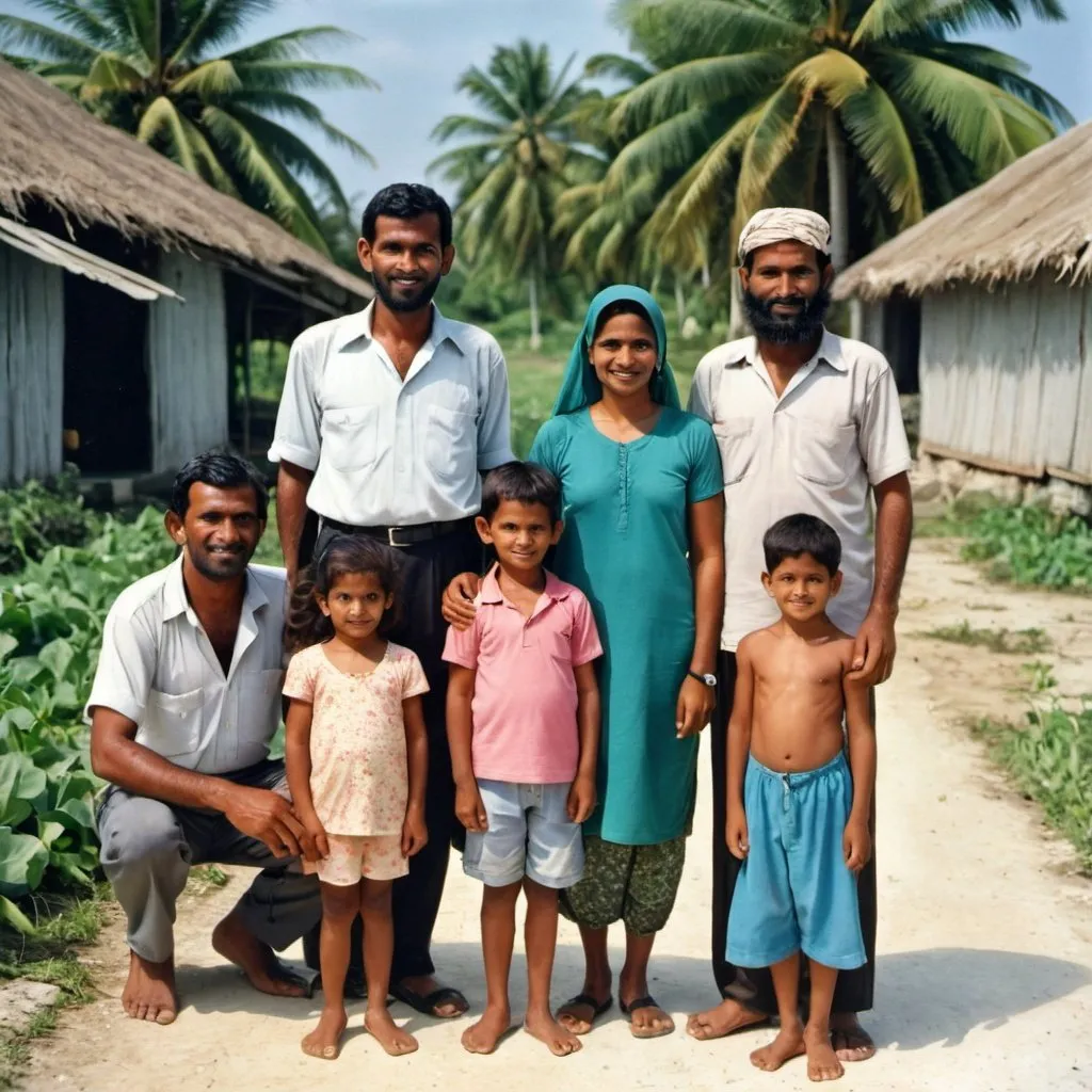 Prompt: Maldivian farmer family in 1990s pose for a photo in their local farm