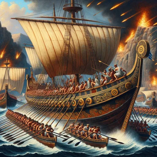 Prompt: Oil painting depicting dramatic, chaotic and historically accurate naval combat during the Peloponnese War. Greek triremes should show all three levels of oars, with rowers visible, emphasizing the multi-tiered arrangement. Sails are down. Detailed wooden structure with ancient Greek designs and patterns. The hulls must be decorated with painted eyes. The triremes are ramming Spartan enemy ships. Fiery arrows are flying.