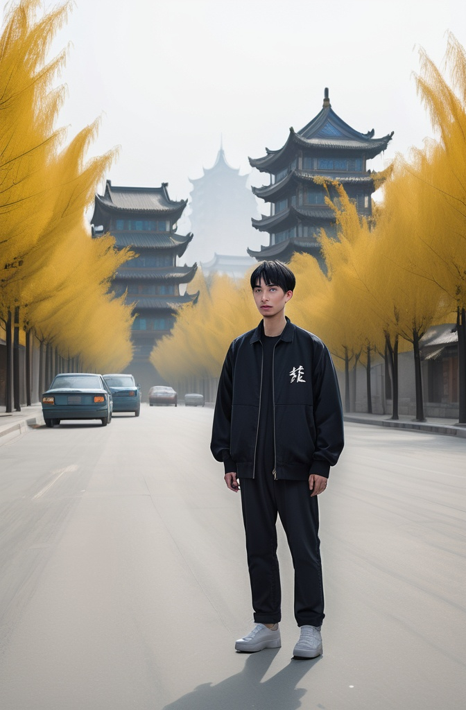 Prompt: a man standing in the middle of a street with trees in the background and a building in the distance, Bian Jingzhao, cloisonnism, tech wear, a character portrait