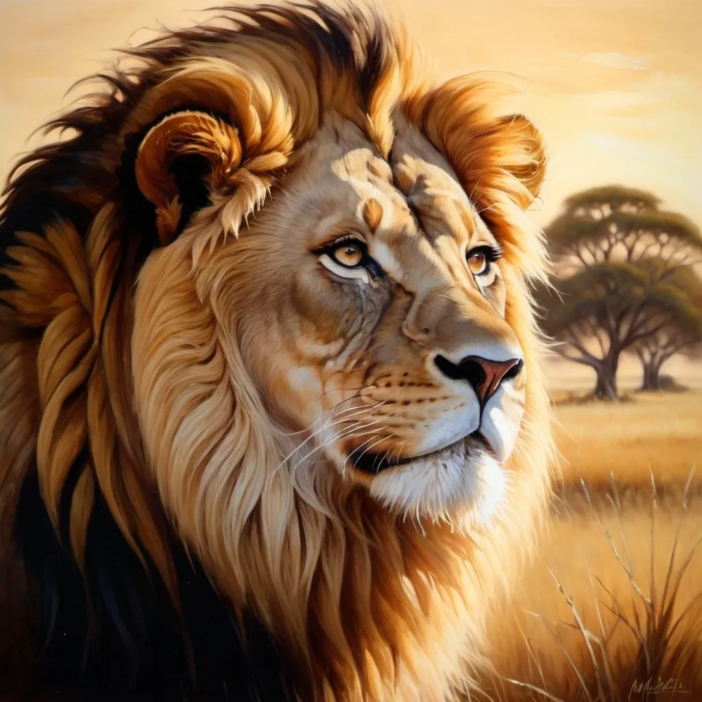 Prompt: Lion of reconciliation, oil painting, majestic mane in warm earthy tones, peaceful expression, wise and kind eyes, serene savanna landscape, high quality, detailed, realistic, traditional art style, warm earthy tones, soft golden lighting