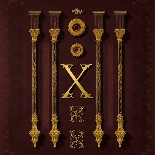 Prompt: ornate Renaissance-style frame with Corinthian columns, a stylized paintbrush and palette in 'X' shape, and an elegant serif font in deep gold, rich burgundy, and classic black