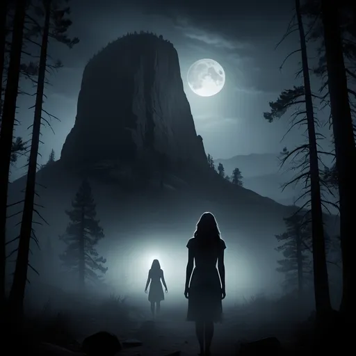 Prompt: Horror movie poster, title is “The Last Night on Bell Rock”, Pacific Northwest mountains, young woman in foreground, Bigfoot silhouette in background