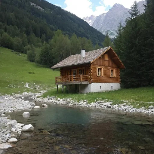 Prompt: A quiet place for a cabin high in the Alps, between clear rivers and forests.