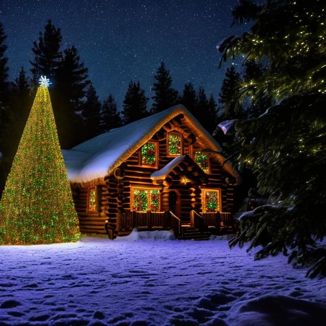 Prompt: A photo of a large lighted Christmas tree in front of a log cabin on a star-filled snowy moonlite night.