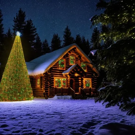 Prompt: A photo of a large lighted Christmas tree in front of a log cabin on a star-filled snowy moonlite night.