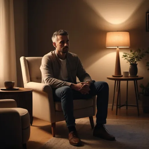 Prompt: A man sitting on a chair, (thoughtful expression), casual attire, comfortable posture, surrounded by a cozy room, warm ambient lighting, soft textures, (deep shadows creating a serene atmosphere), (4K, ultra-detailed), minimalistic furniture in the background, peaceful vibes, evoking introspective moods and quiet contemplation.