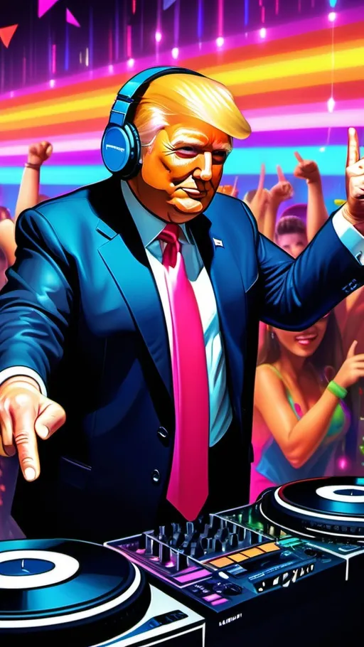 Prompt: "Create an image of Donald Trump as a DJ, confidently standing behind a DJ booth. He is wearing stylish headphones and a bold, flashy outfit. With one hand, Trump is pointing forward, engaging with the crowd, while his other hand rests on the DJ turntables. The background features vibrant, colorful party lights and a crowd of people dancing to the music. The overall scene exudes energy, fun, and confidence, showcasing Trump’s iconic presence in a party atmosphere. The composition should be in a vertical 9:16 aspect ratio, perfect for social media formats."