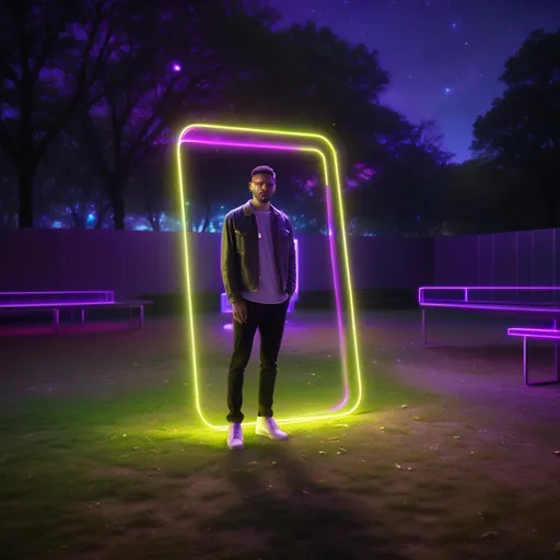 Prompt: a man standing in front of a neon frame in a park at night with a purple light behind him, Chris LaBrooy, light and space, liminal space, a hologram