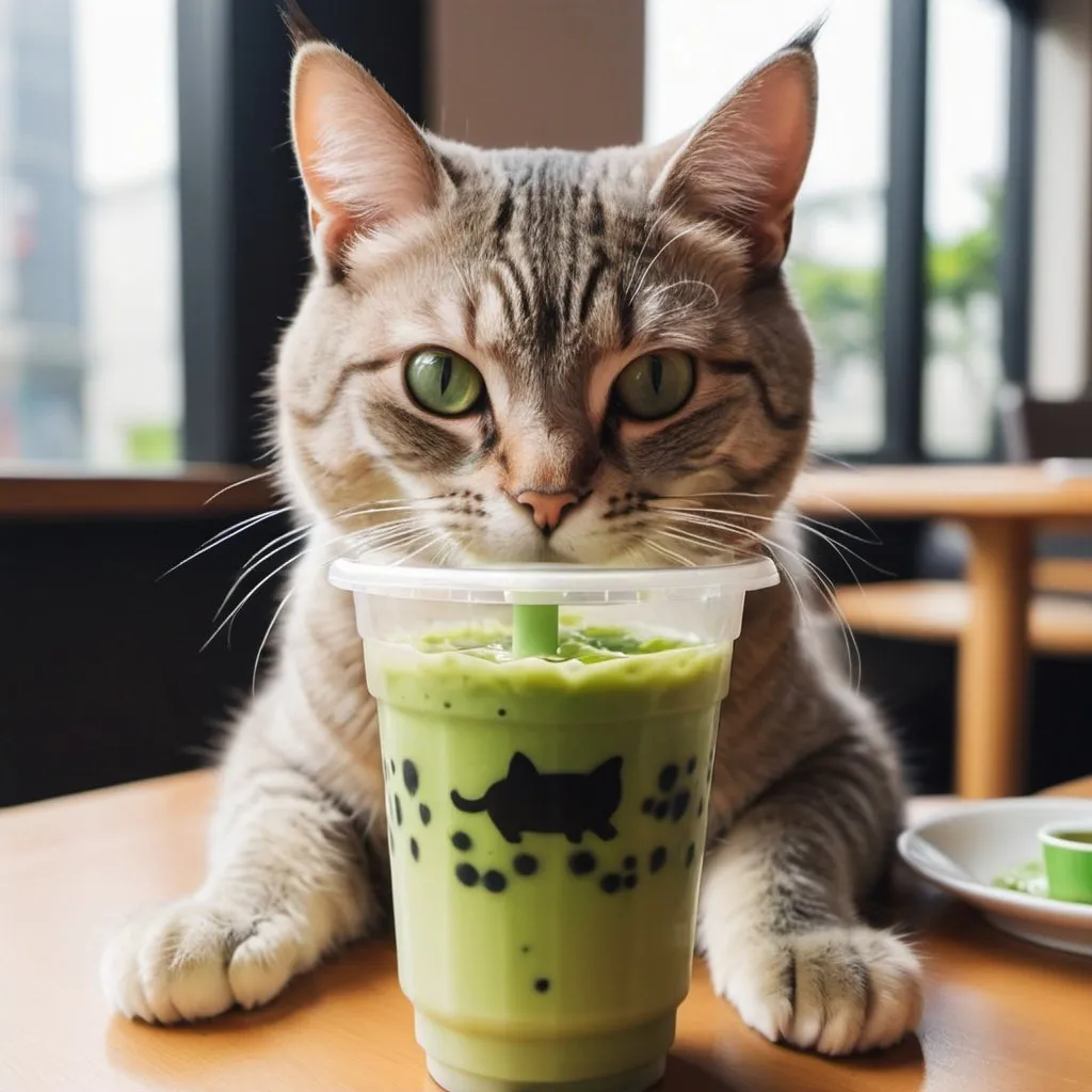 Prompt: Must be a .jpg, .gif or .png file smaller than 10MB and at least 400px by 400px. picture of a cat with matcha bubble tea pixelated