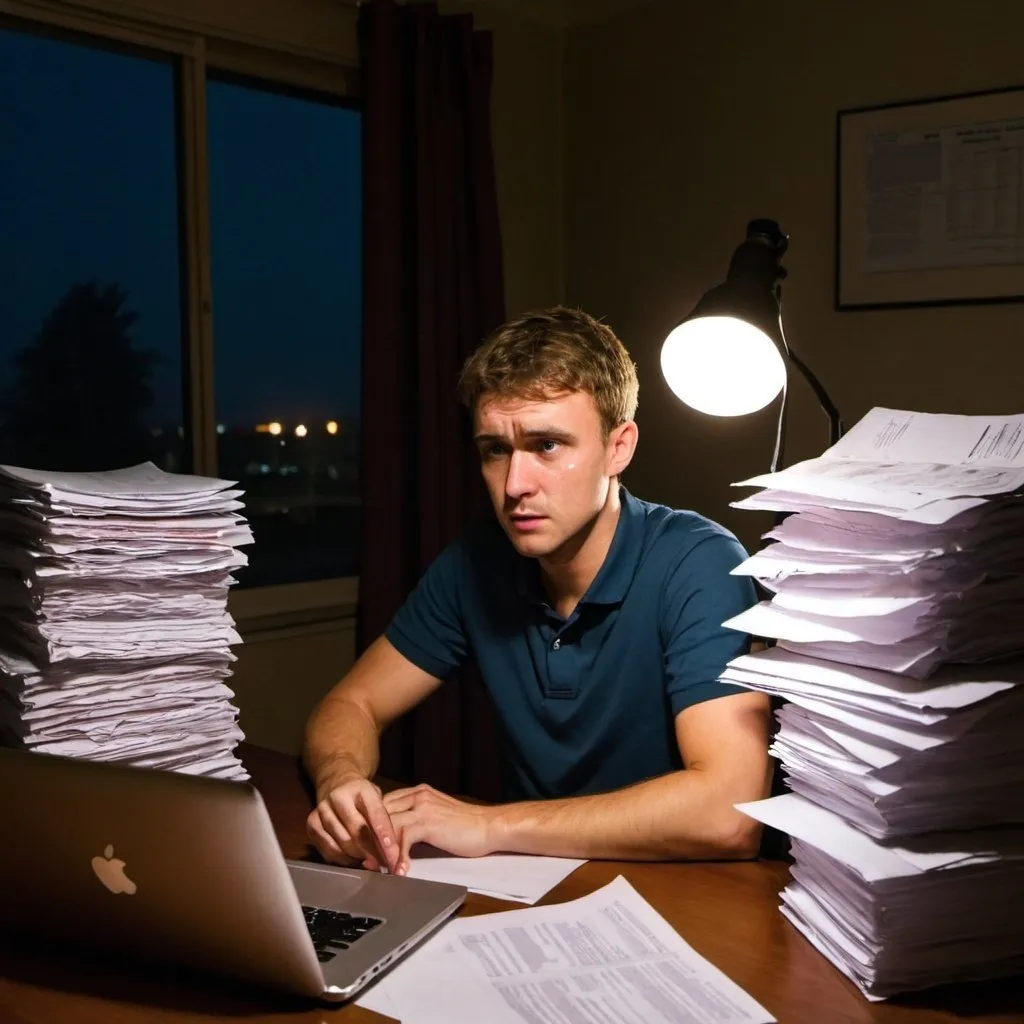 Prompt: The host working late at night, surrounded by papers and a laptop, showing determination despite challenges.