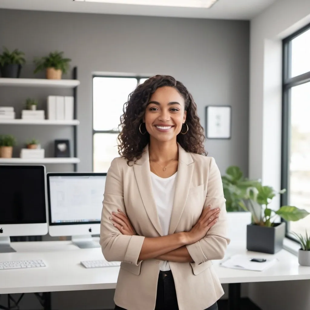 Prompt: The host standing confidently in a modern office or a home office setup. The environment is bright and organized, showcasing success and positivity. The host is smiling, reflecting on their journey.