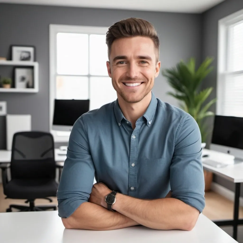 Prompt: The host standing confidently in a modern office or a home office setup. The environment is bright and organized, showcasing success and positivity. The host is smiling, reflecting on their journey.(Men)