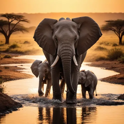 Prompt: A larger elephant helping little elephants to cross a river in Africa during sunset. 