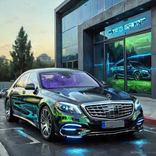 Prompt: futuristic mercedes benz s-class parked in a parking lot, cool color scheme, (cybernetic style), (high-tech building with large window)"euro sport"), ultra-detailed, computer graphics, sleek ambiance, vibrant blues and greens, softly illuminated environment, blending of technology and urban landscape, (photorealistic rendering), dynamic angles, captivating atmosphere.