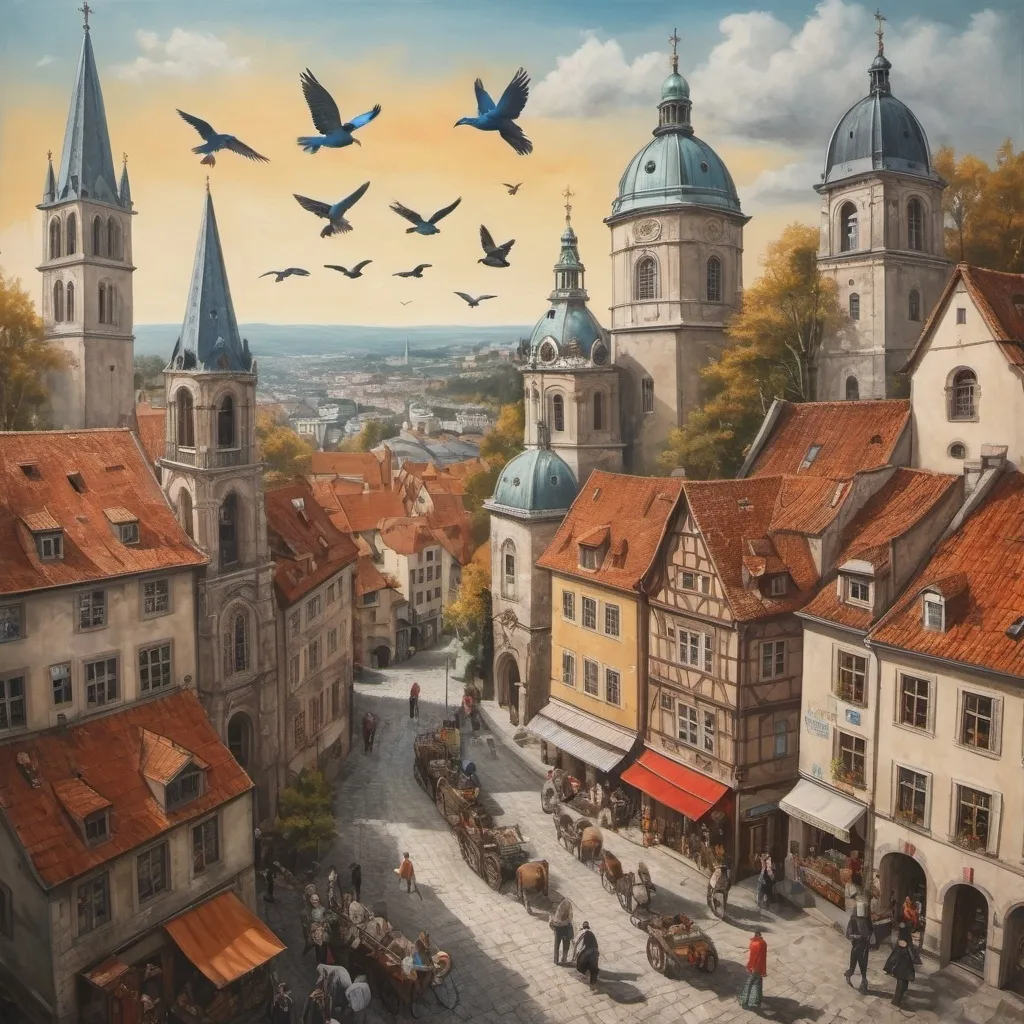 Prompt: A mixed medium painting of European culture combined with their folklore with birds eye view  