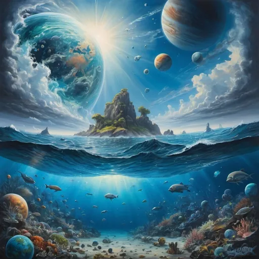 Prompt: A realistic and fantasy painting of  an ocean full of everything on land and the land and sky above filled with what is in the ocean like planets under water