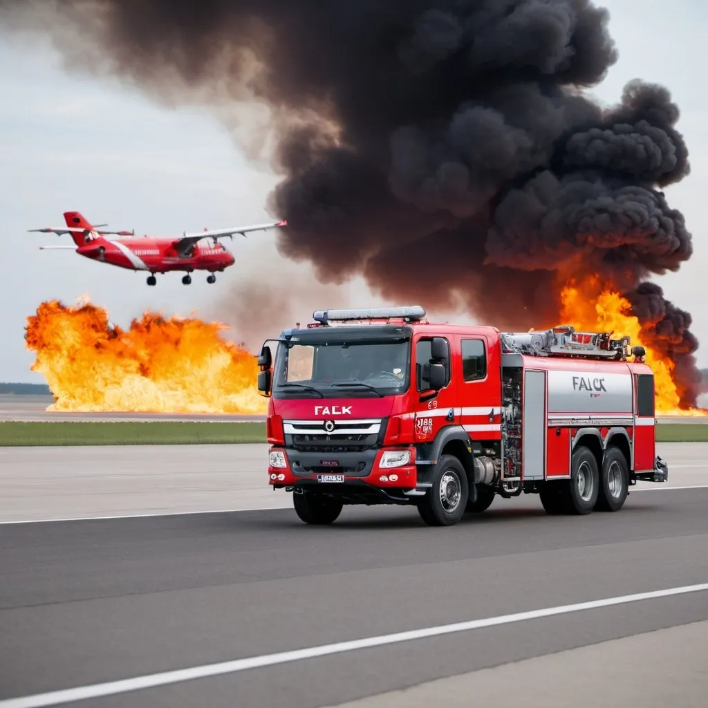 Prompt: a industrial firetruck from Falck driving on a runway with in the background a plane on fire