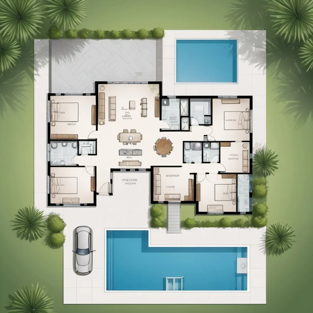 Prompt: luxury home floorplan, backyard, frontyard, pool, 2D vector illustrations, high quality, detailed layout, modern design, professional style, minimalistic, precise lines, clean and crisp, luxurious space, top-notch, well-crafted, artistic floorplan, spacious layout, accurate representation, high-res, polished, architectural, detailed home, clear and precise, professional vector illustration, organized and efficient, minimalistic design