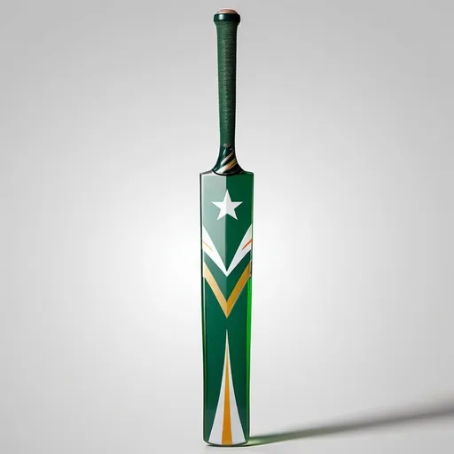 Prompt: Here is an image of a beautiful and famous cricket bat designed for Babar Azam. The bat is made entirely of glass, adorned with the flag of Pakistan as a sticker, and features various geometric shapes engraved on it. The glass material reflects light, giving the bat a stunning and elegant appearance, perfect for a player of Babar Azam's stature.