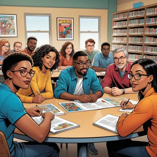 Prompt:  an image of a college classroom with a diverse group of faculty seated at a table. I want it to be created in a comic book style.