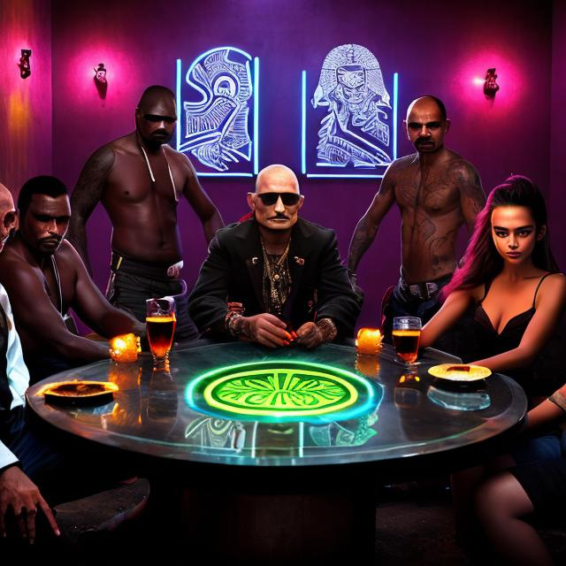 Prompt: Black Melanesian Papua New Guinean gangsters, mobsters, cartel, syndicate sitting in a nightclub with neon lights and cigars lit. Wallpapers has tribal designs and tattoos